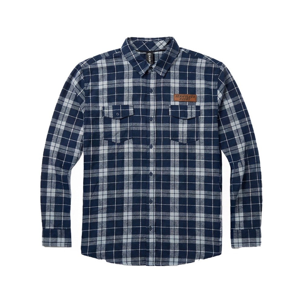 Burnside Mens Seawolves Rugby Plaid Flannel Shirt Navy Blue White Long Sleeve